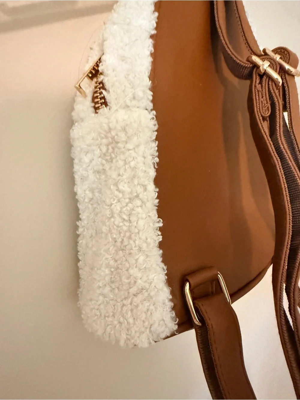 Disney Cream Sherpa Mini Backpack with Brown Trim and Gold Hardware